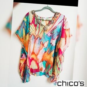 Top Chicos Embellished Pullover Tunic Bright Beautiful Colors